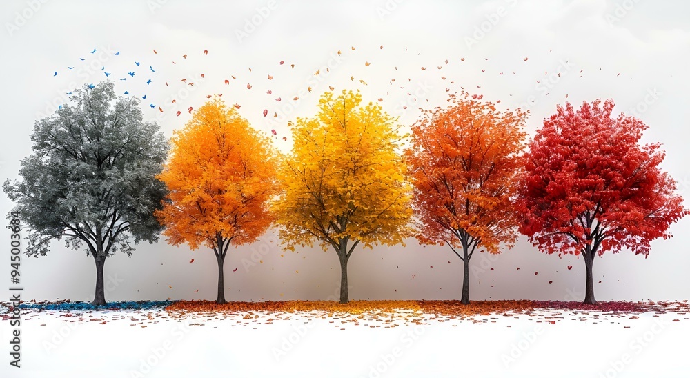 Poster a group of trees with different colors of leaves.