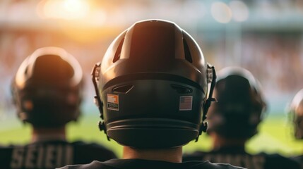 Teammates in sports uniforms and helmets discussing and analyzing player statistics and data on a sports field during an intense game or competition