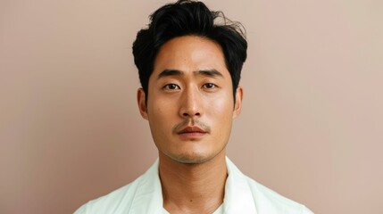 Fototapeta premium Close up portrait of a focused Korean man applying facial serum with a concentrated expression showcasing a shallow depth of field for a professional beauty focused aesthetic