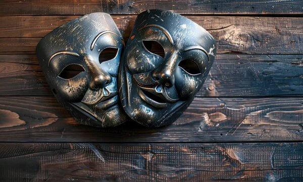 Comedy and tragedy masks on a dark wooden plank background