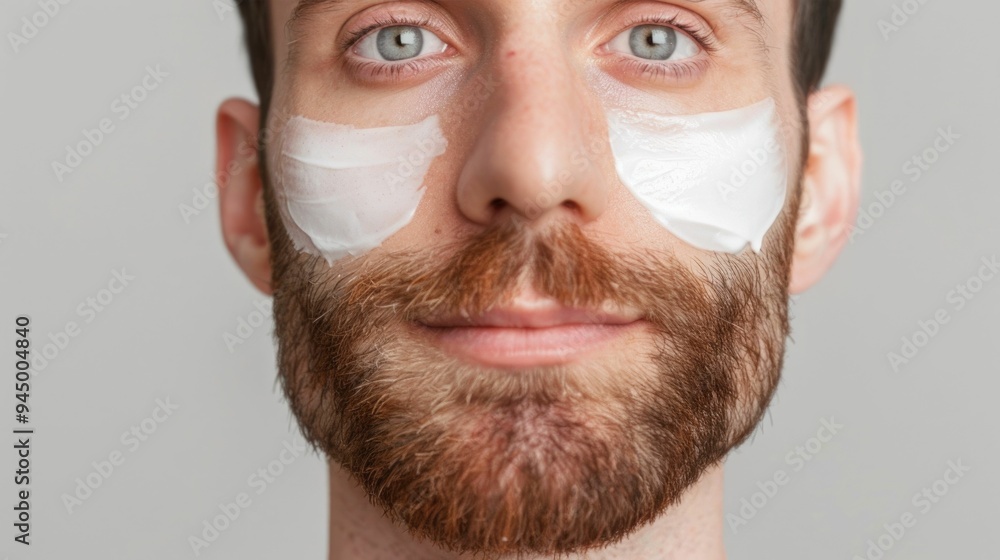 Poster close up portrait of a caucasian man applying a moisturizing facial cream in a studio setting with a