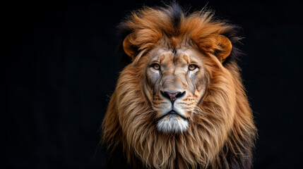 Fototapeta premium Strong and confident lion on a hill. Lion king isolated on black, Big lion lying on savannah grass. Kenya, Africa, Lion, powerful, muscular, golden brown fur, sharp claws, fierce eyes, majestic mane.