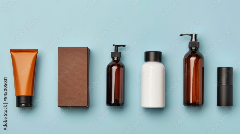 Poster assortment of various men s skincare and grooming products including bottles tubes and containers ar