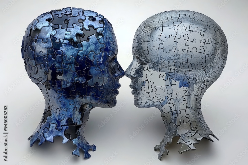 Aufkleber puzzle piece sculpture of two heads facing each other representing the challenge of understanding an