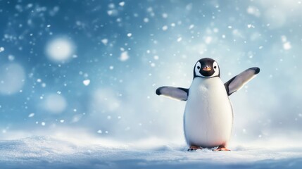 Fototapeta premium Cute Penguin in Snowy Landscape Winter Wonderland
