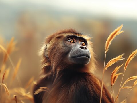 Close up portrait of a Gelada Baboon, Theropithecus gelada, in the Ethiopian Highlands