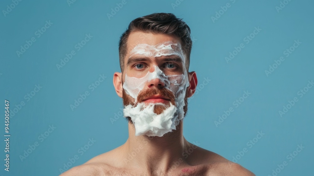 Poster handsome man engaged in a precise shaving routine with a deep depth of field showcasing his facial f