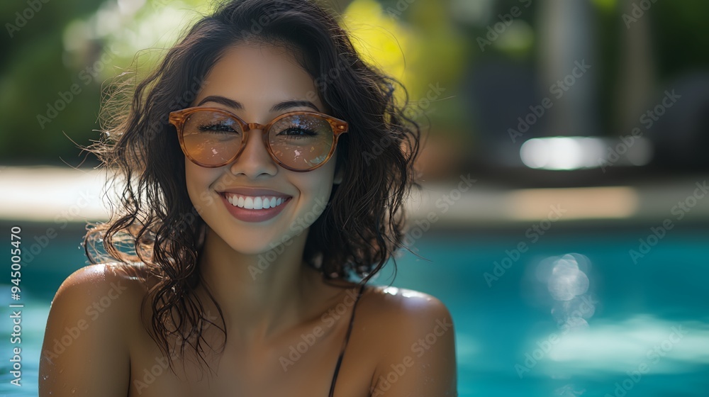 Poster a woman wearing sunglasses sitting in a pool of water