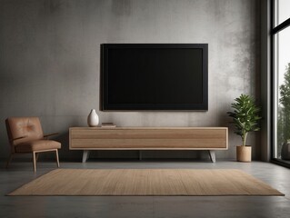 Modern Living Room Interior with a Flat-Screen TV, Wooden Cabinet, and Rug