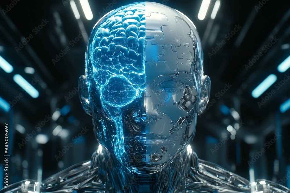 Poster futuristic portrait of a humanoid robot with an exposed brain representing the convergence of artifi