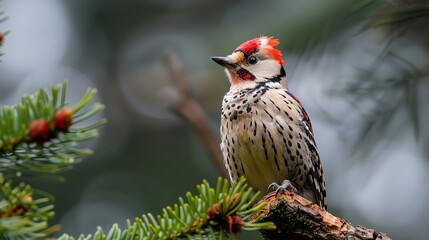 a bird with a red head sitting on a branch of a pine tree