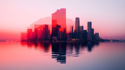 Fototapeta premium Fusion of classic 8-bit video game elements and neon-lit cityscapes, presented in a double exposure style, blending past and present