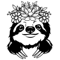 Sloth   Peeking Sloth   Peeking Animal   Wildlife   Floral Sloth   Sloth with Flower on Head   Wild Animal   Xenarthran Mammal   Original Illustration   Vector and Clipart   Cutfile and Stencil © MEM