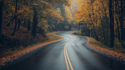 Obraz premium Winding road through a forest adorned with autumn foliage in soft morning light