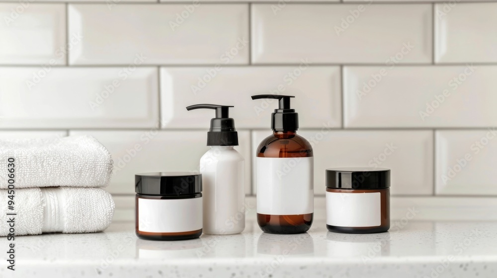 Poster anti aging skincare products for men displayed in a sophisticated and minimalist arrangement on a ba