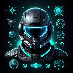 Futuristic helmet and armor with green glowing details suitable for scifi concepts, gaming, futuristic designs, and technologyrelated projects.