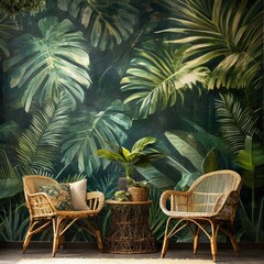 Fototapeta premium Cozy Tropical Setting with Bold Palm Leaf Decor