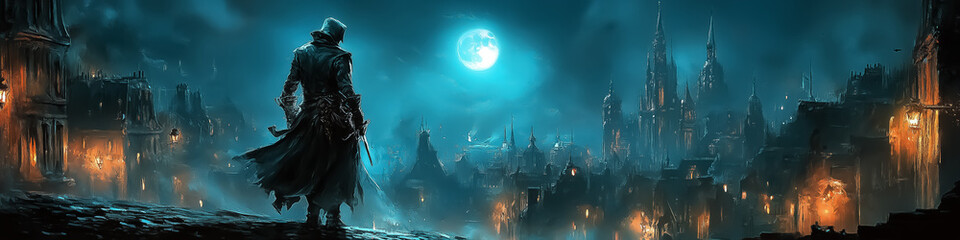 A mysterious assassin gazes over a hauntingly beautiful city under a full moon, evoking themes of adventure and suspense, perfect for Halloween or fantasy-themed events.