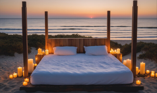 A romantic bed setup on the beach at sunset, complete with candles and a view of the ocean