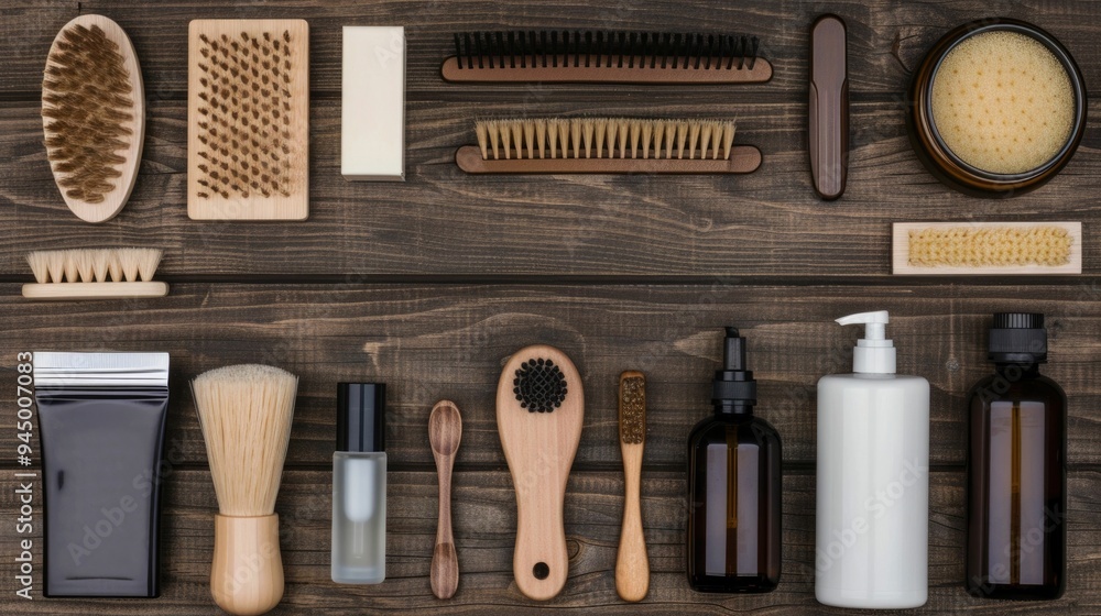 Poster collection of various beard grooming tools and products including brushes combs razors and trimmers 
