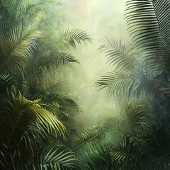 Lush Jungle Backdrop with Dense Palm Leaves and Misty Atmosphere