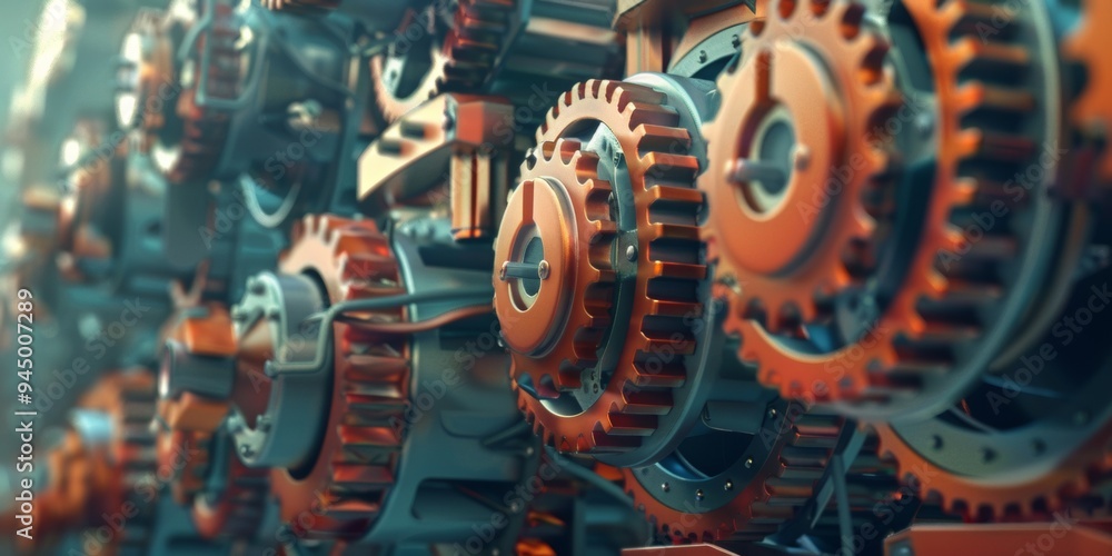 Poster precision engineered machine parts aligned on an automated assembly line, reflecting the synergy bet