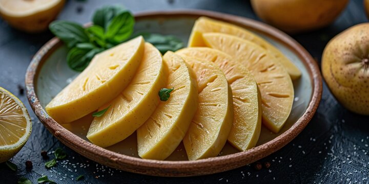 Chunks of steamed breadfruit on a dish against a deep backdrop.