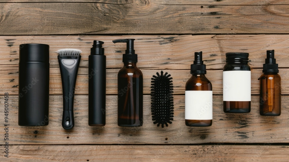 Poster Assortment of beard grooming tools and products including brushes combs bottles and other accessories neatly arranged on a rustic wooden background with a deep depth of field