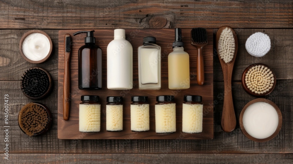 Poster meticulously arranged array of beard grooming essentials including shaving brushes combs oils and ot