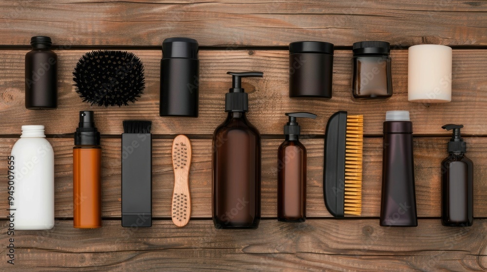 Poster beard grooming essentials such as brushes combs bottles and other tools neatly arranged on a wooden 