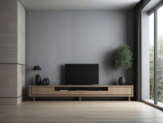 Modern Living Room Interior with Wooden Entertainment Center and Flat Screen TV