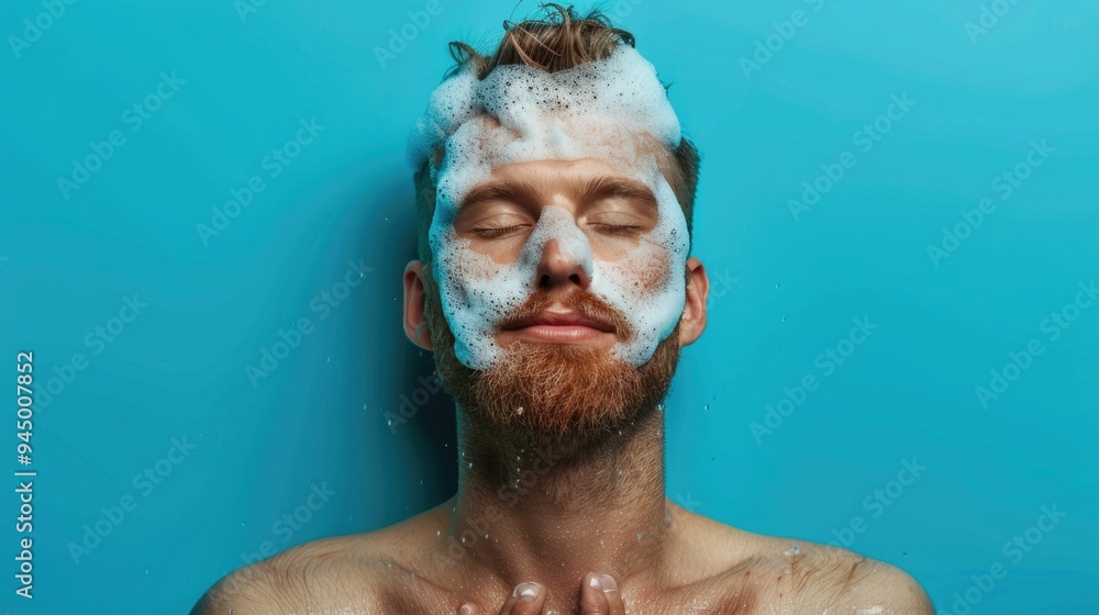 Poster closeup of a caucasian man with beard applying or using aftershave product creating a splash effect 