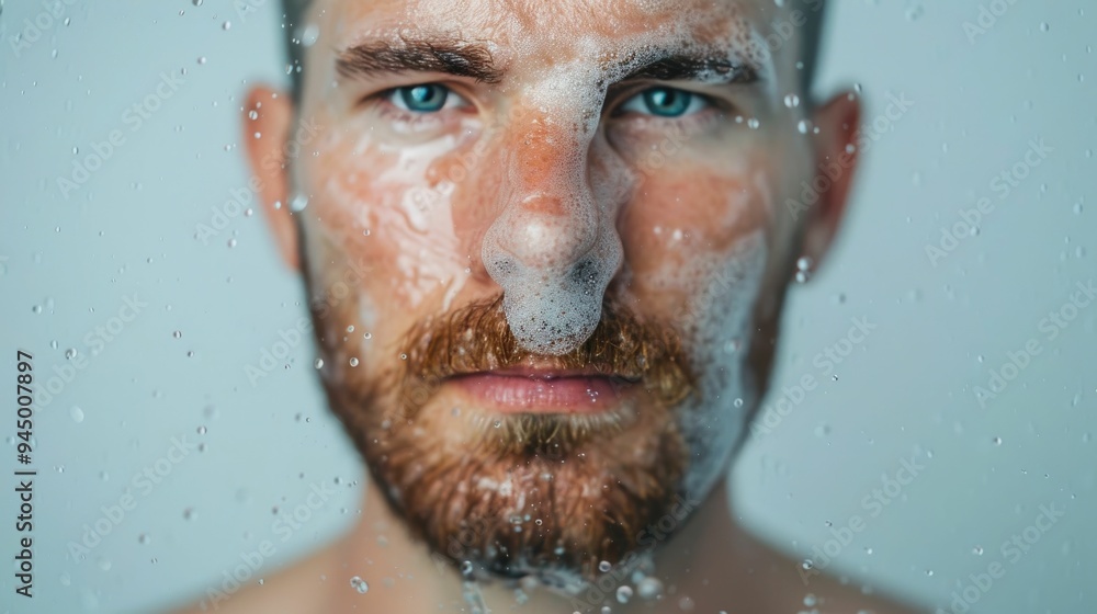 Poster close up portrait of a caucasian man with a beard applying aftershave creating a splash of water on 