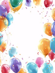 Vibrant flying balloons adorn this festive invitation decoration against a neutral background.