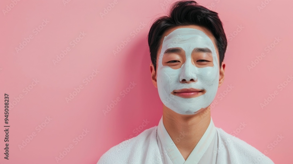 Wall mural Portrait of a Korean man wearing a soothing and rejuvenating facial mask with a deep blurred pink background showcasing the concept of self care skincare and wellness