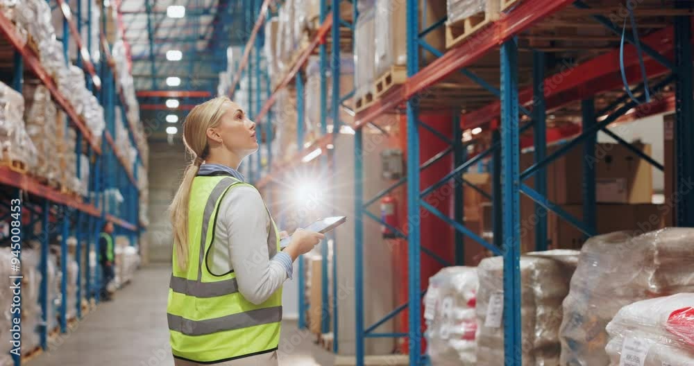 Poster logistics, pointing and woman in warehouse with tablet for online checklist for export distribution.