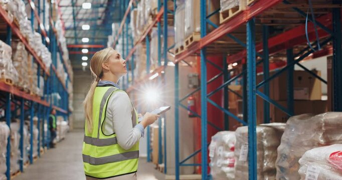 Logistics, pointing and woman in warehouse with tablet for online checklist for export distribution. Inventory management, search or person in factory on digital app for inspection in plant from back