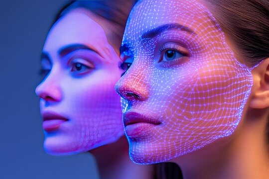 Dual portrait of a woman with glowing digital mesh overlay illustrating the blend of human emotions and technology in modern identity