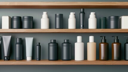 Collection of various Korean skincare and grooming products for men neatly arranged on wooden shelves with a minimalist clean and professional display design