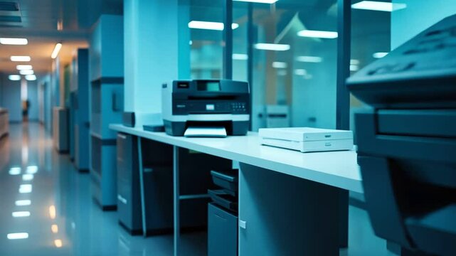 A black and white multifunction printer stands in a dimly lit office hallway.