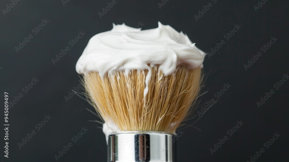 Poster shaving cream application with a shaving brush in deep depth of field close up shot of the shaving p