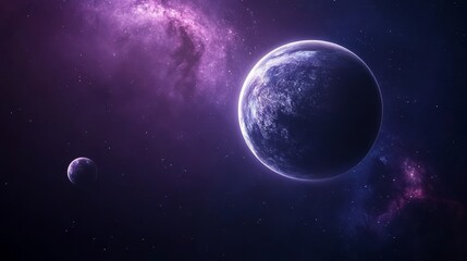 Obraz premium Mystical double exposure, galaxy backdrop with swirling stars and planets in vibrant purples and blues