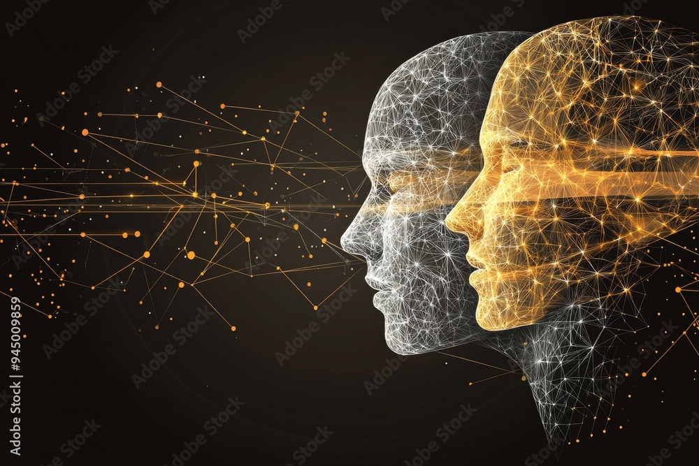 Aufkleber futuristic portrait of two faces with glowing neural networks highlighting the integration of techno