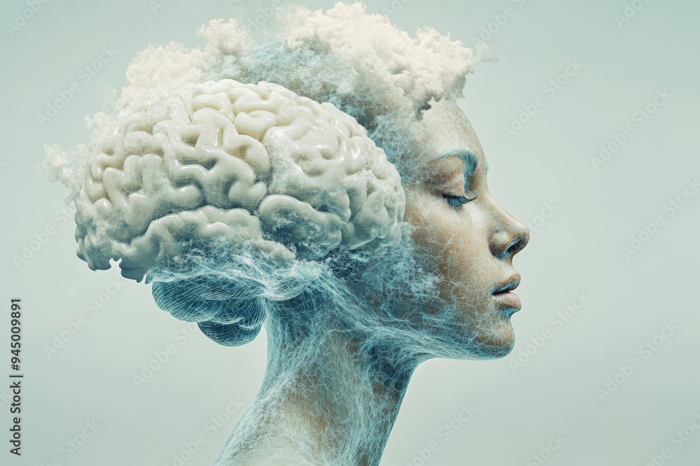 Poster a surreal sculpture of a womans head with an exposed brain symbolizing the fragility and complexity 