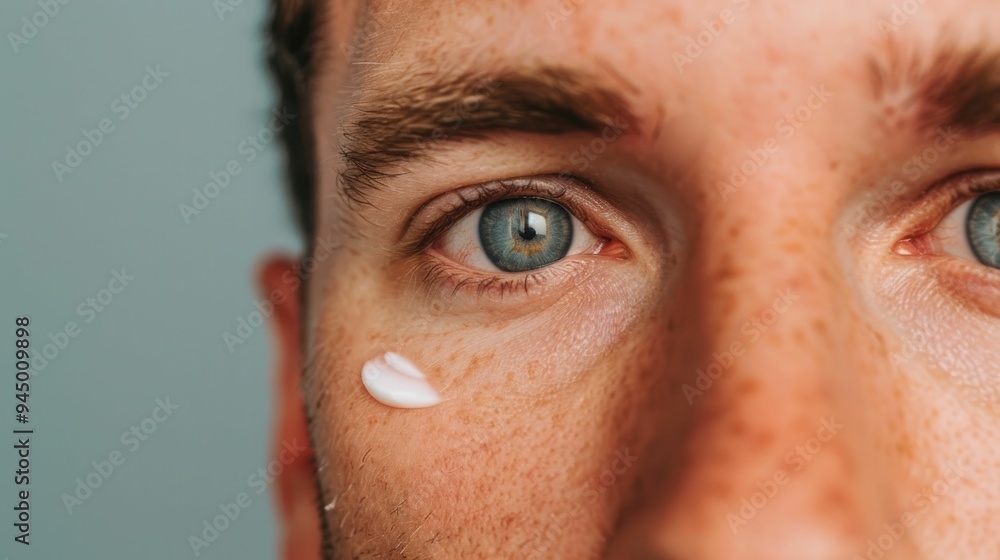 Poster close up shot of a man s eye with a small amount of skin care cream being gently dabbed under the ey