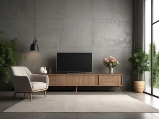 Modern living room with a grey concrete wall, a flat-screen tv, and a wooden cabinet