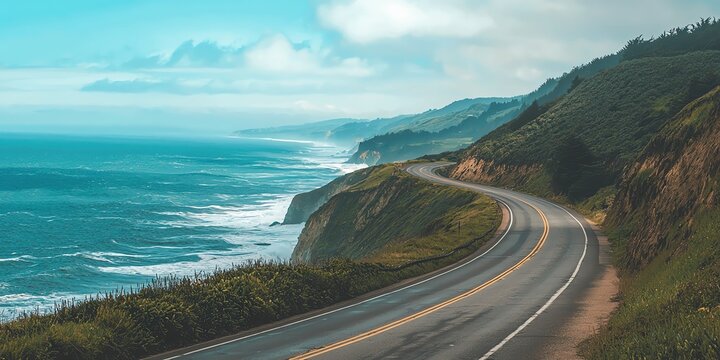 Scenic coastal road winding through lush green hills with ocean views.