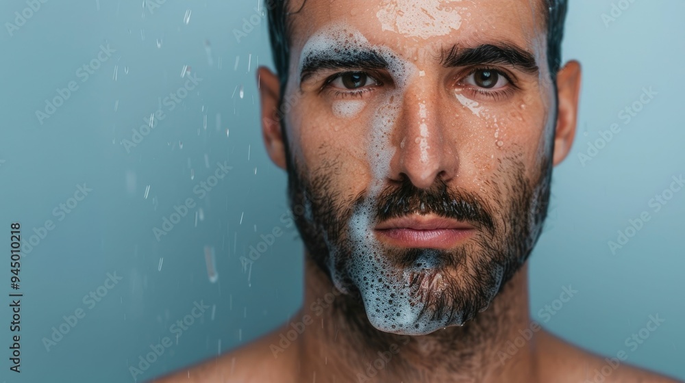 Poster close up portrait of a man s face with a hydrating gel skincare product applied creating a subtle we
