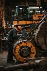 A technician is engaged in repairing a large excavator’s hydraulic system. The workshop is filled with mechanical parts and tools organized for efficient repair