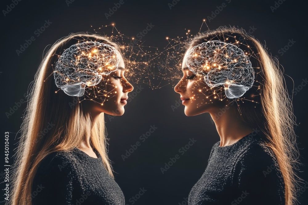 Poster a glowing neural network overlay on two womens faces representing the deep intellectual and emotiona
